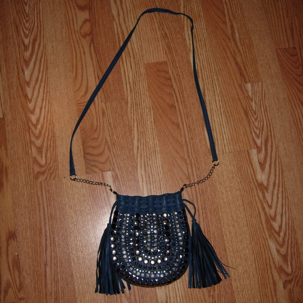 Blue Studded Crossbody Bag With Tassels Fringe